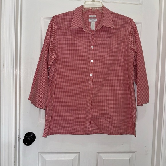 L114 Liz Claiborne Red Gingham Button Down Shirt - Picture 1 of 8
